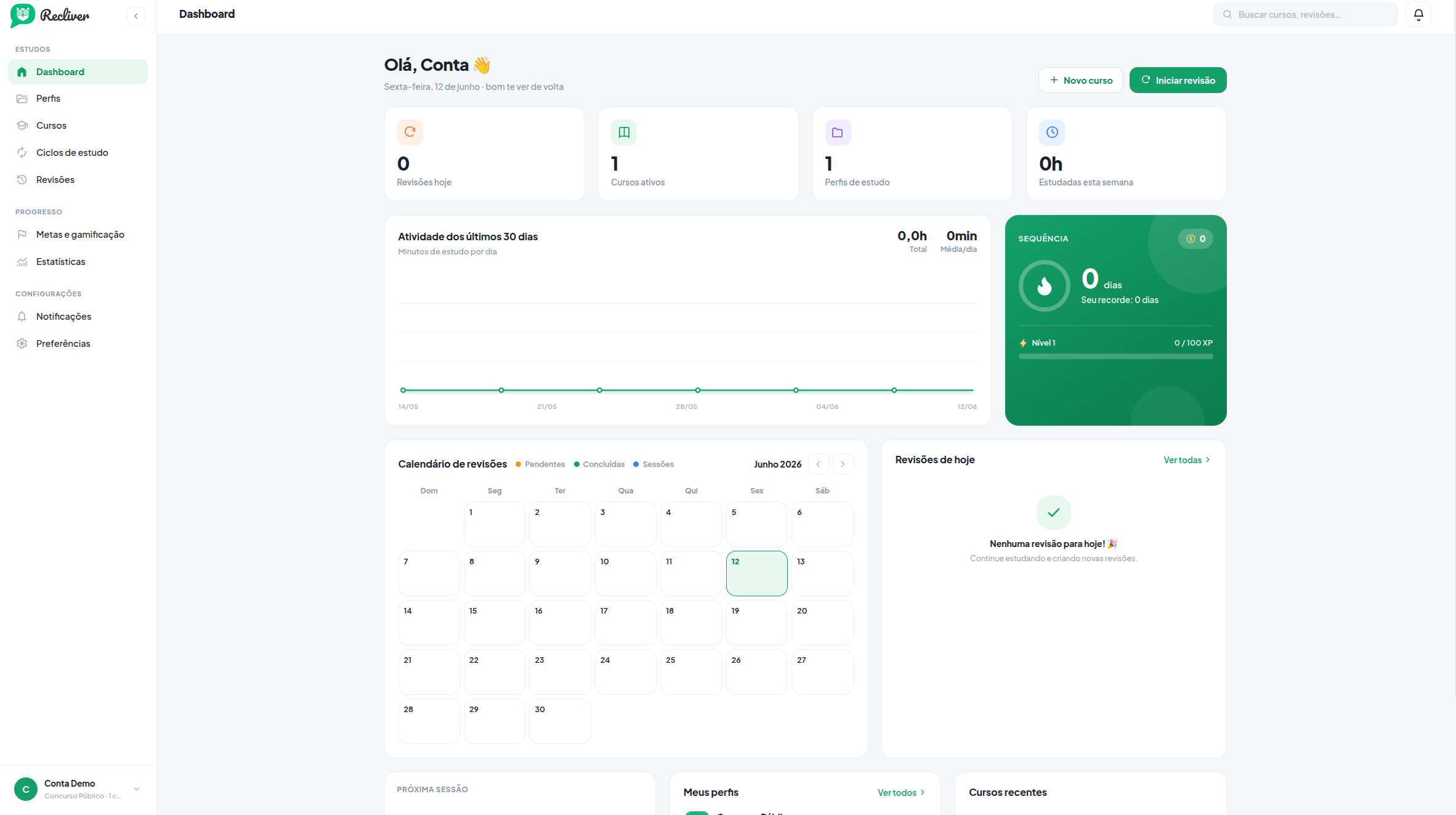Dashboard do Recliver: painel de revisões, calendário, sequência de estudo e estatísticas